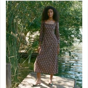 Doen Marisa Noir Forest Floral Square Neck 3/4 Sleeve Ruffle Midi Dress Size XS